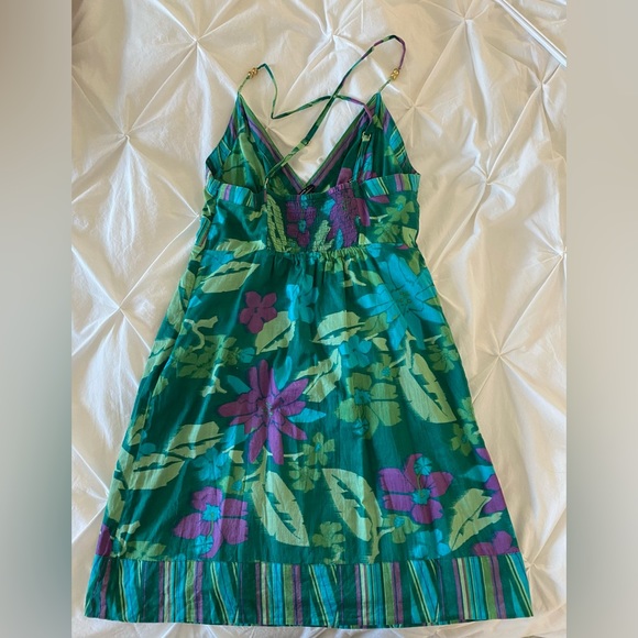 Guess Green & Purple Floral Tropical Mini Dress Stripe Smock V-Neck Sz 7 junior. - Picture 2 of 6